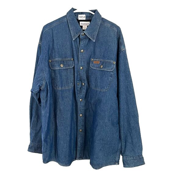 Vtg Carhartt Men Blue Cotton Denim Trucker Jacket L Pockets Long Sleeve Normcore